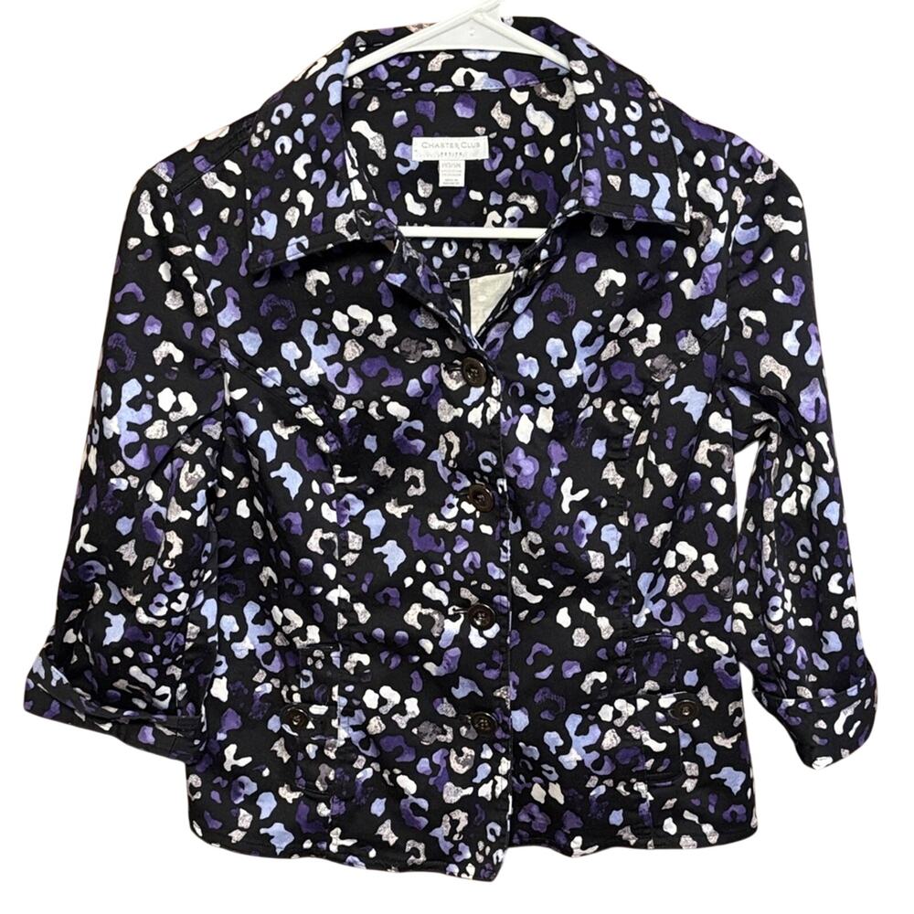 Charter Club Petite Animal Print Jacket Purple Black Roll Tab Blazer PS